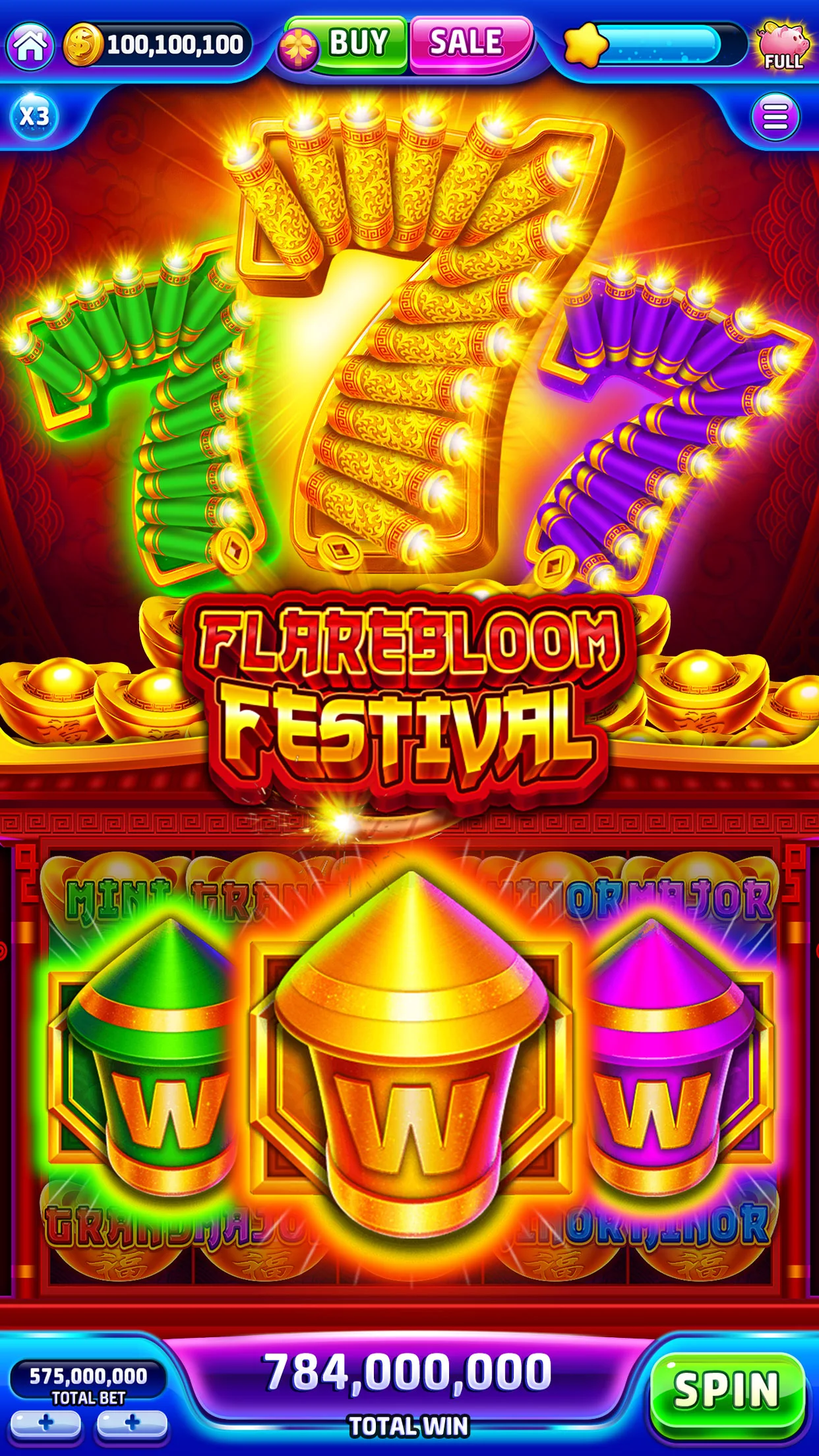 Jackpotland screenshot: Flarebloom Festival slot with firecracker sevens and lantern wilds
