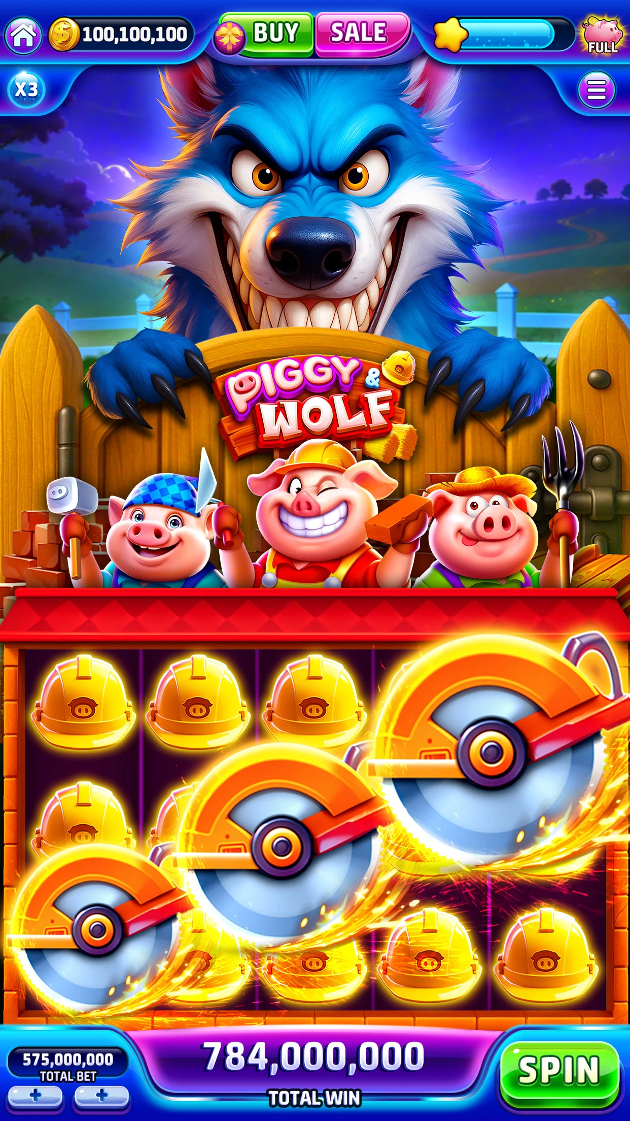 Jackpotland screenshot: Piggy and Wolf slot with three pigs and saw-blade wilds