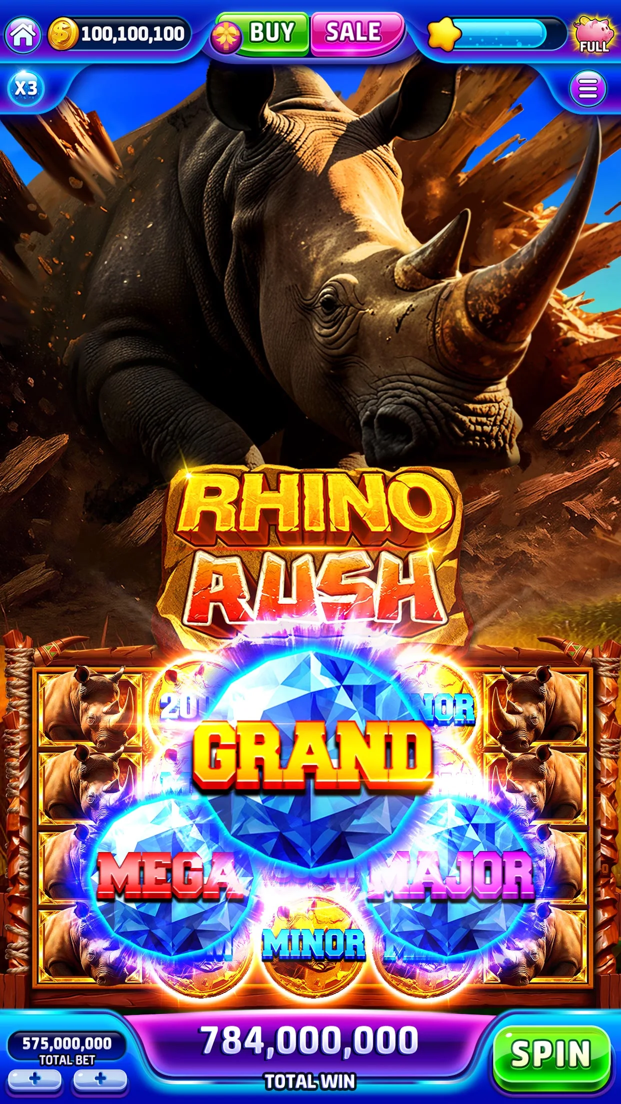 Jackpotland screenshot: Rhino Rush slot with Grand, Mega, Major and Minor gem jackpots