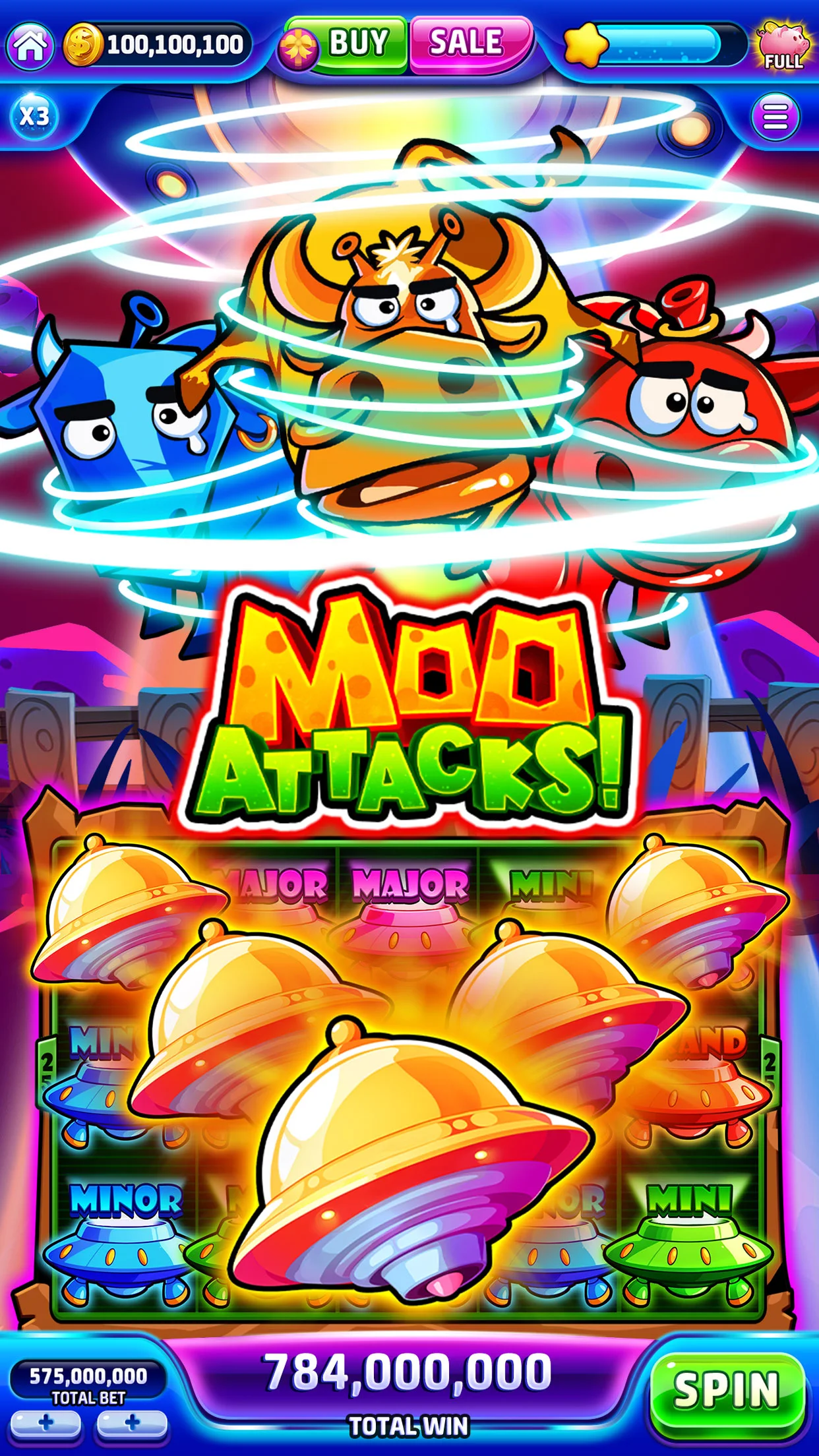 Jackpotland screenshot: Moo Attacks slot with UFO cows and flying-saucer symbols